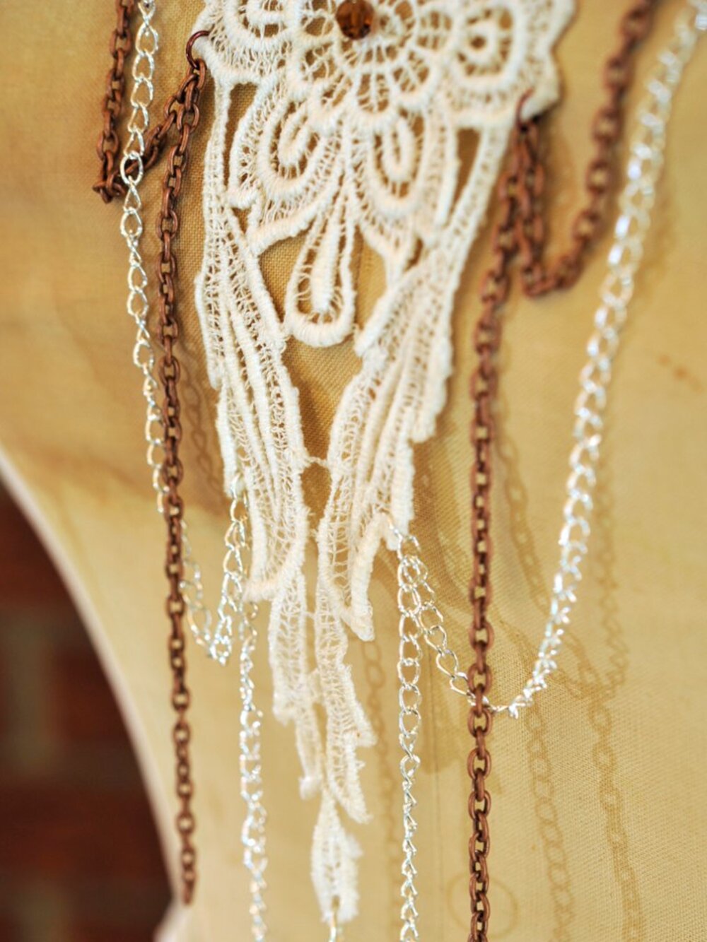 Handmade Venetian Lace Bib Necklace | Ivory + Swarovski Crystal | Upcycled - Picture 4 of 6